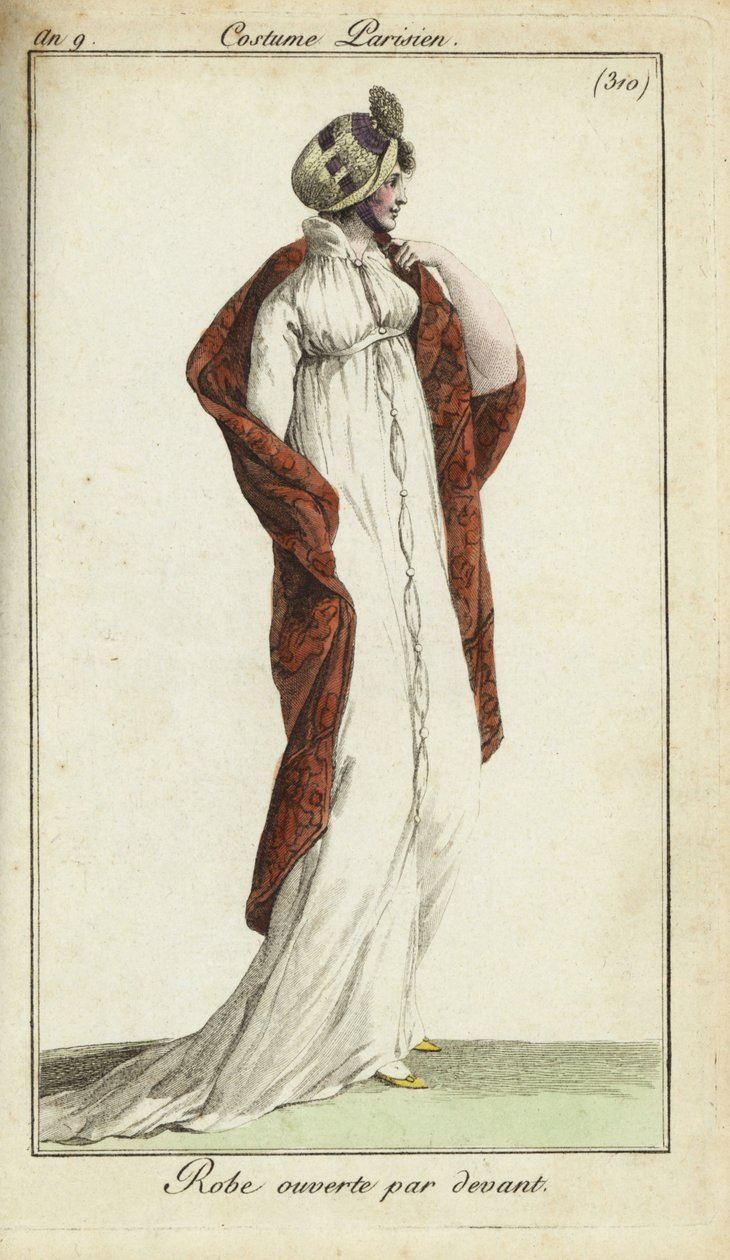 Fashionable woman in straw hat, dress and shawl by French School