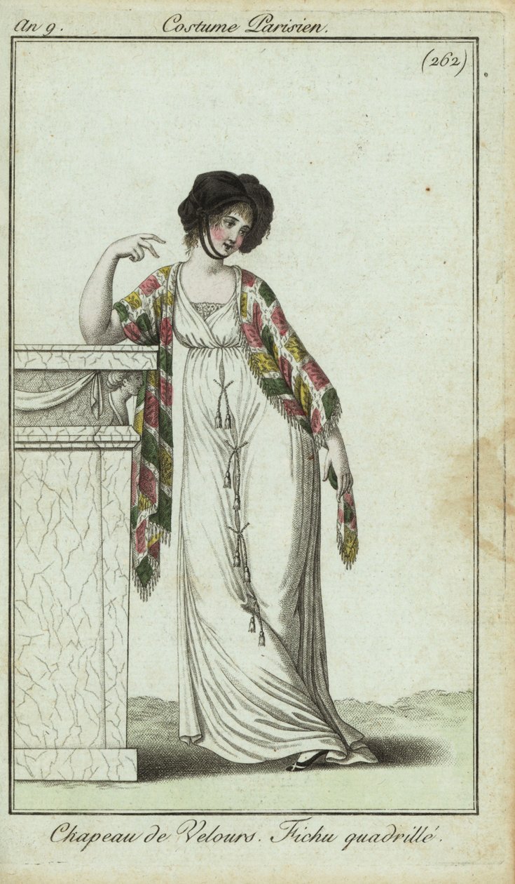 Fashionable woman leaning on a mantlepiece by French School