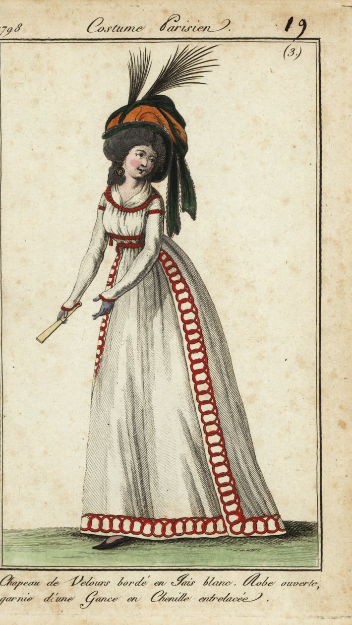 Fashionable woman with fan in huge hairstyle and hat by French School