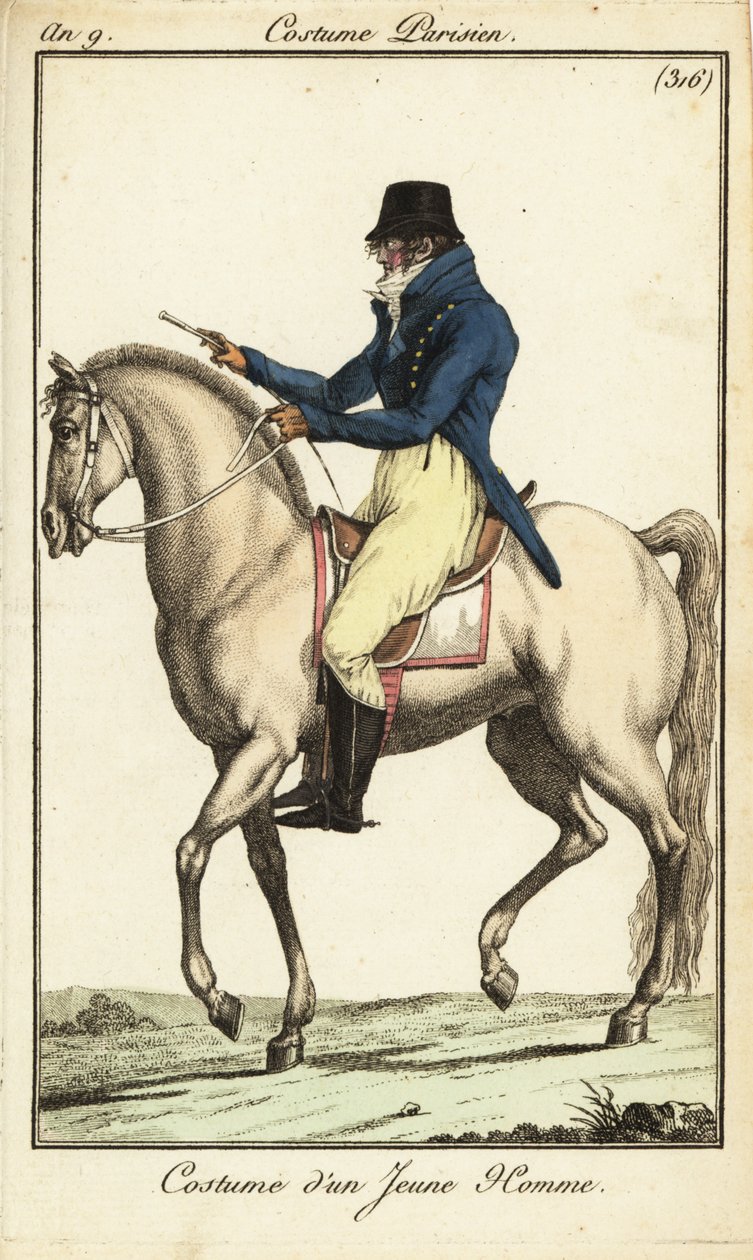 Fashionable young man or Incroyable on horseback by French School
