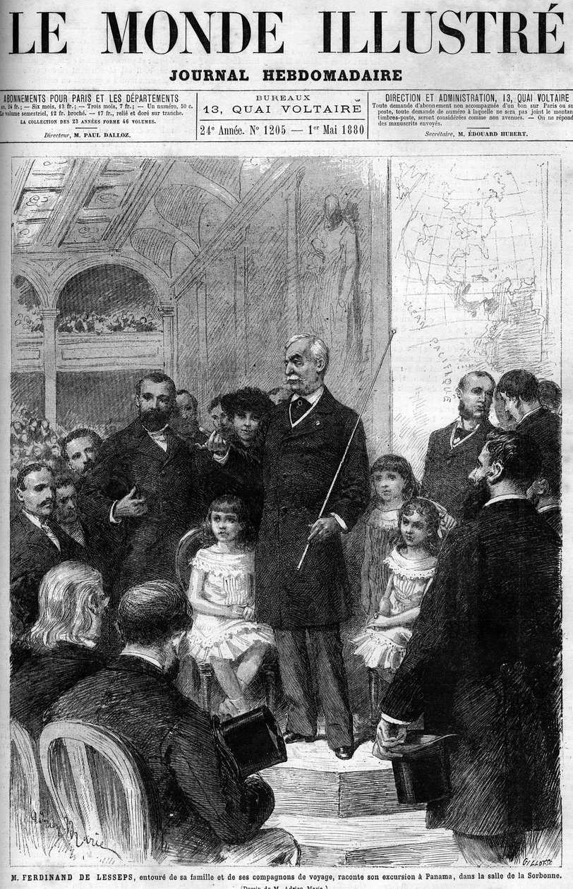Ferdinand de Lesseps surrounded by his family and travelling companions, recounting his trip to Panama in the Salle de la Sorbonne. Cover of the 