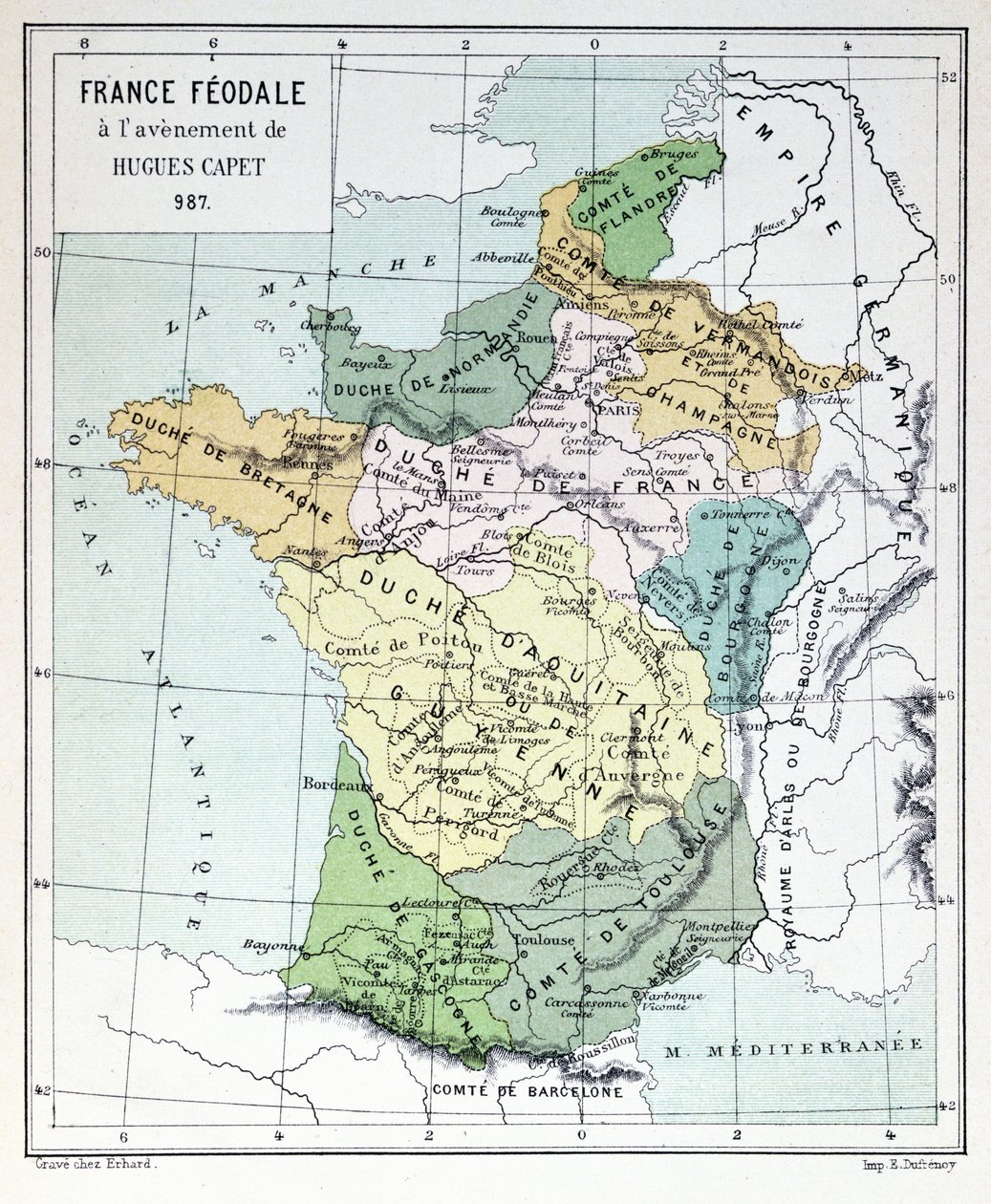 Feudal France at the time of the Accession of Hugues Capet in 987, map illustrated in a Histoire de France c.1880 by French School