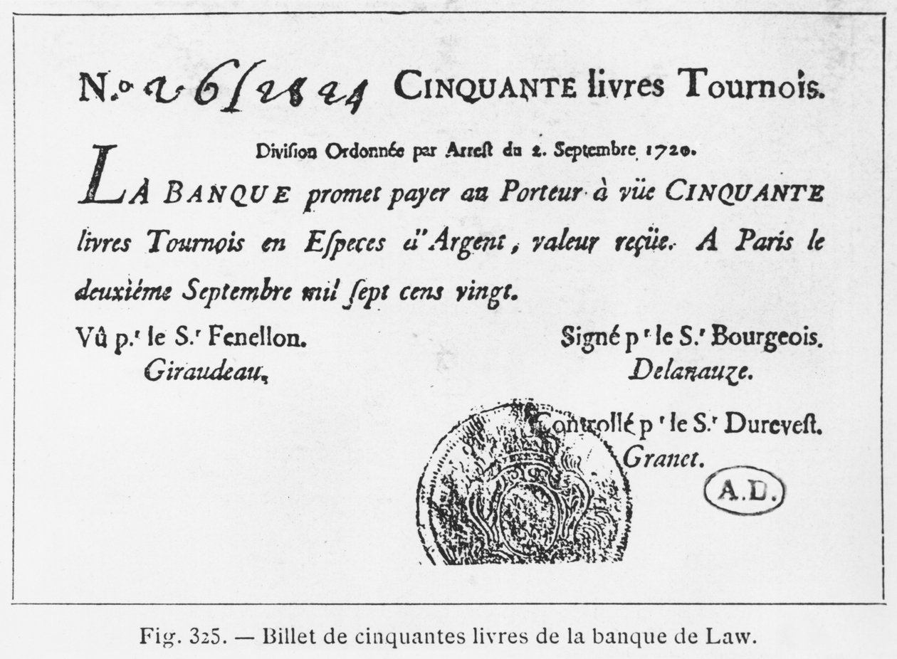 Fifty pounds French banknote from the Law Bank, dated 2nd September 1720 by French School