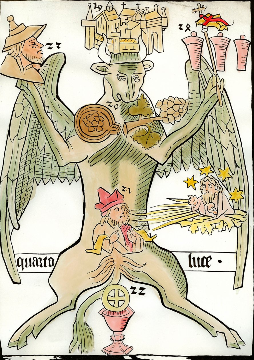 Figure symbolizing the evangelist Saint Luke: a bull associated with the city of Jericho (or Jerusalem), a bunch of grapes, a prophet, the Christ of the Last Judgment appears with stars and rays of sun, a portrait of a Jew, a chalice by French School