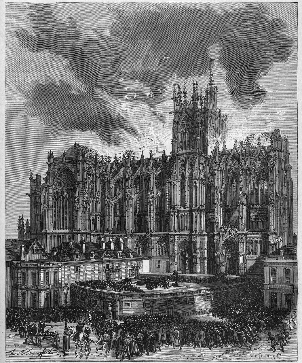 Fire of the Cathedrale Saint Etienne (Saint Stephen) of Metz, 7 May 1877. Engraving in Le Monde Illustré n°1049 of 19 May 1877 by French School