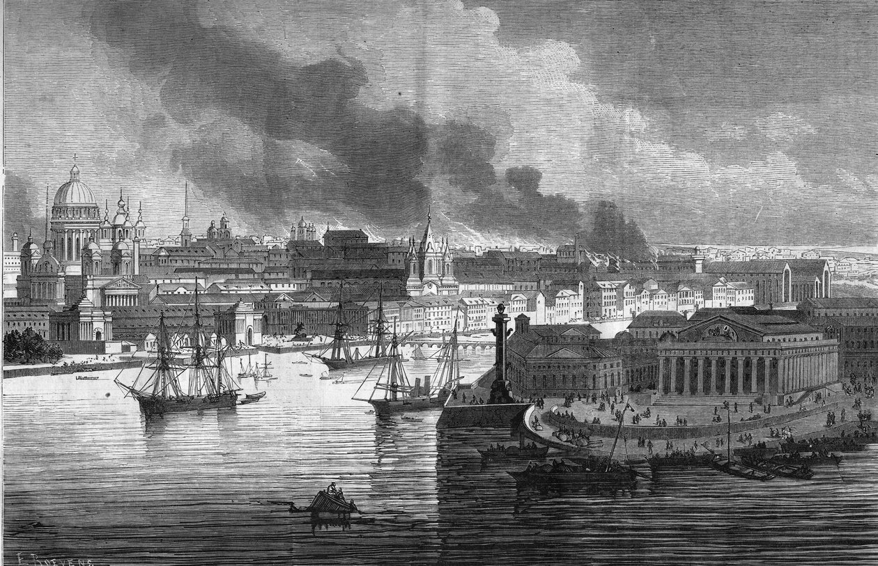 Fire of the ministry district in St. Petersburg, Russia by French School