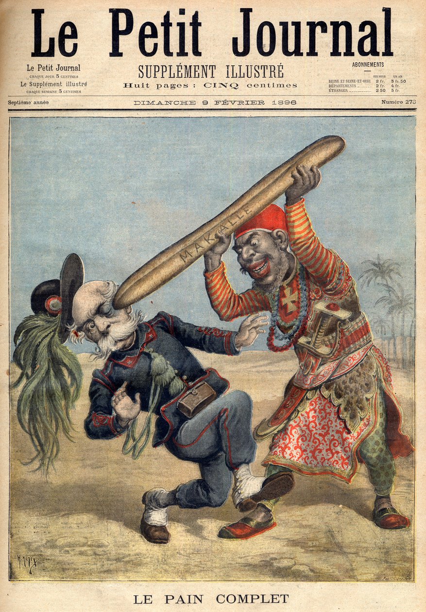 First Italo-Ethiopian War - Caricature of Francesco Crispi (1818-1901) and the defeat of the Italian invading army at the siege of Makalle, Ethiopia. Illustration for Le Petit Journal, 09 February 1896 by French School