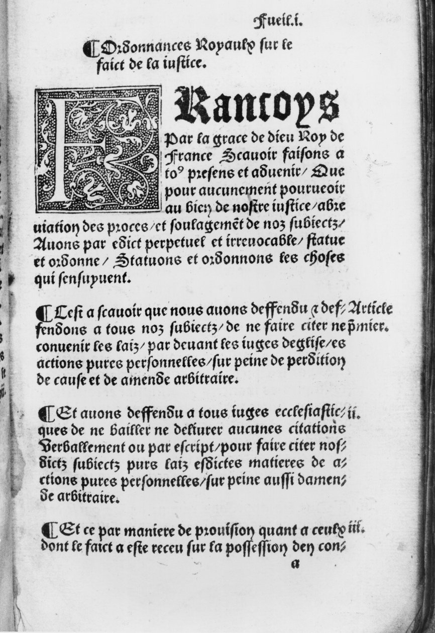 First page from the Ordinance of Villers-Cotterets, 1539 by French School