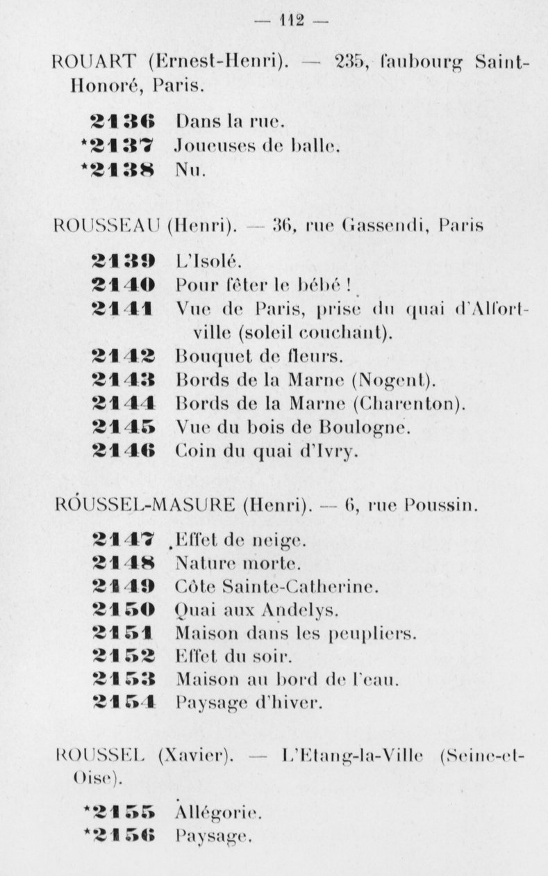 First participation of Le Douanier Rousseau to the Salon des Independants, catalogue, page 112, Paris, 1905 by French School
