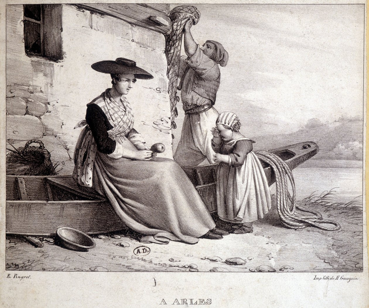 Fisherman, his wife in regional costume and their child in Arles by French School