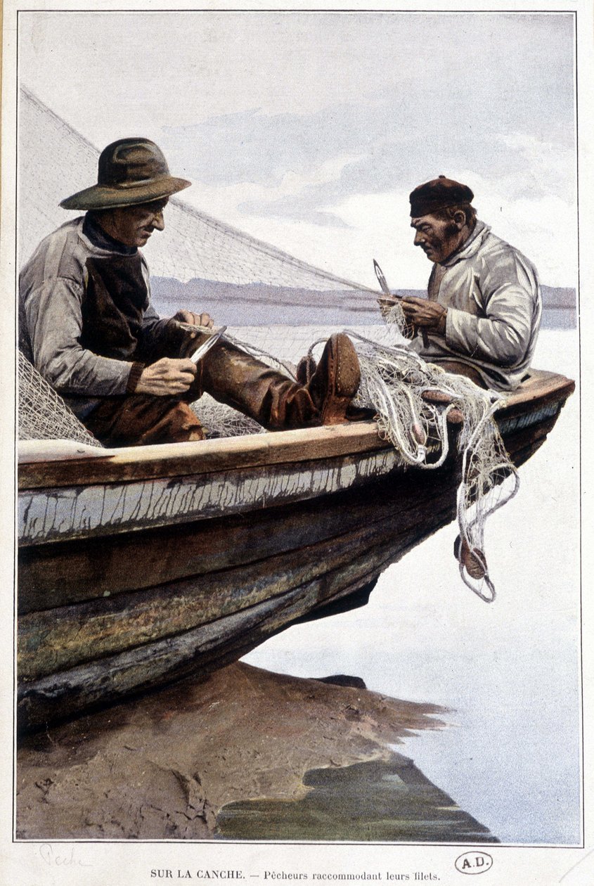 Fishermen rowing nets on board, c. 1895 by French School