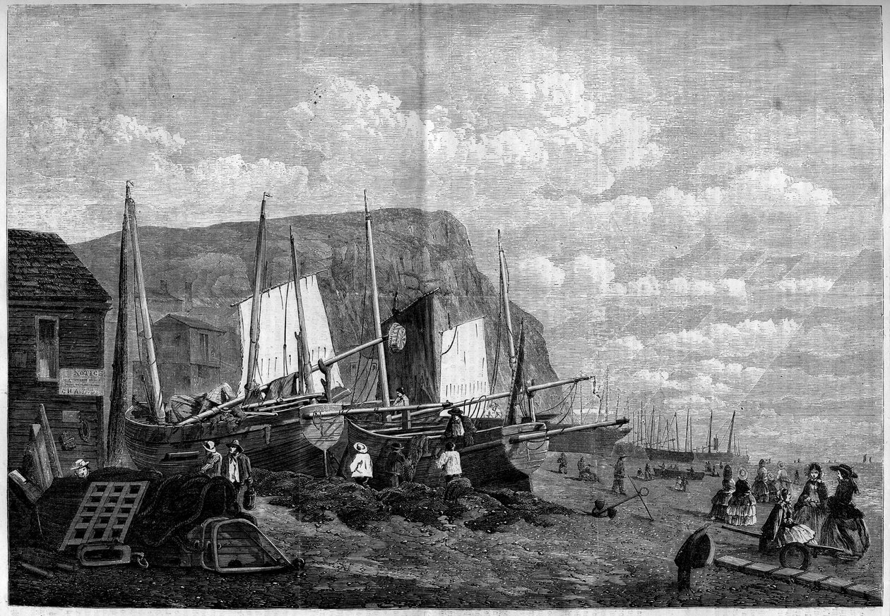 Fishing boats on Hastings Beach, England by French School