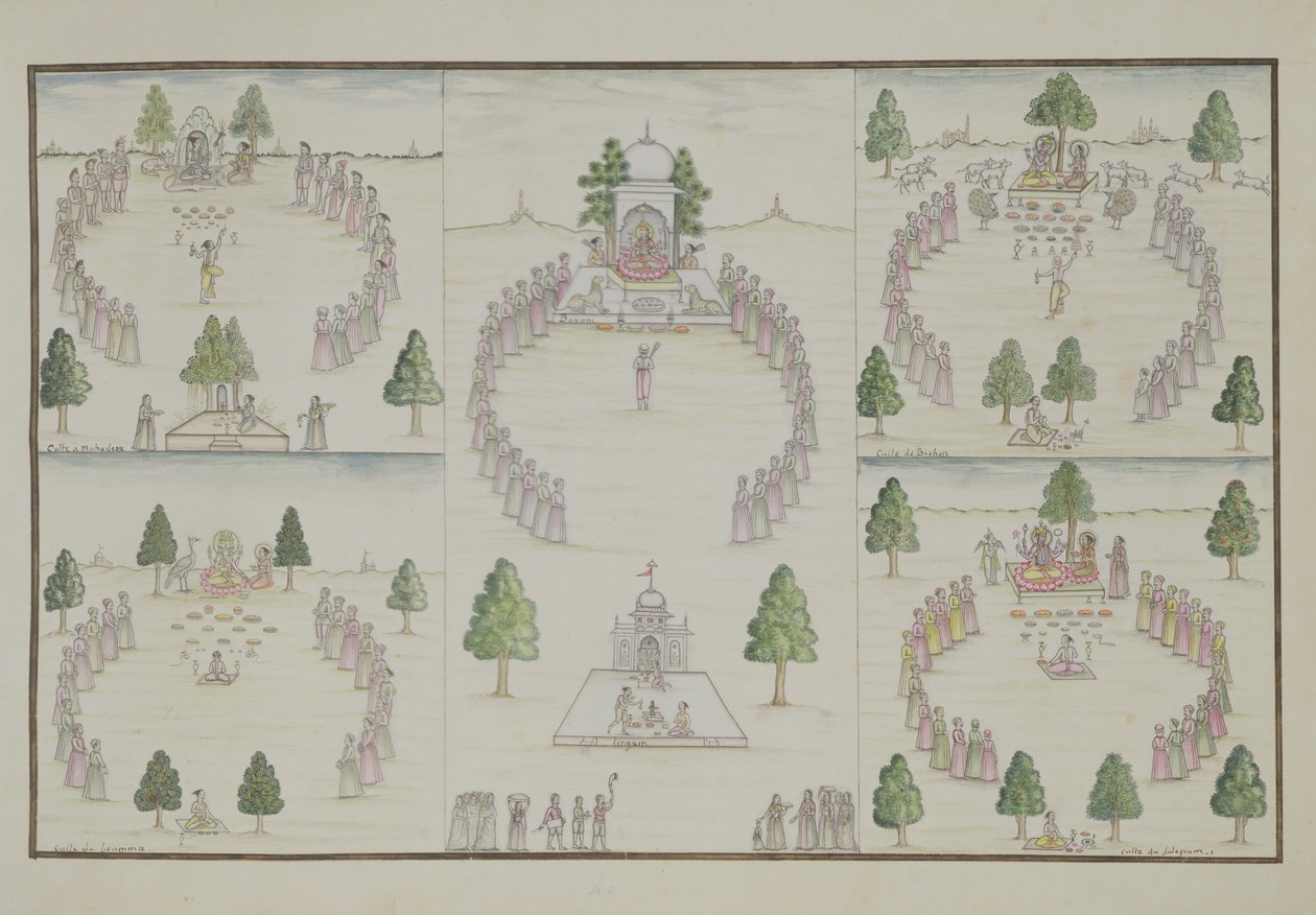 Five Hindu Cults: Shiva, Krishna, Vishnu, Brahma and Mother Goddess from The Gentil Album, Published in 1774 by French School