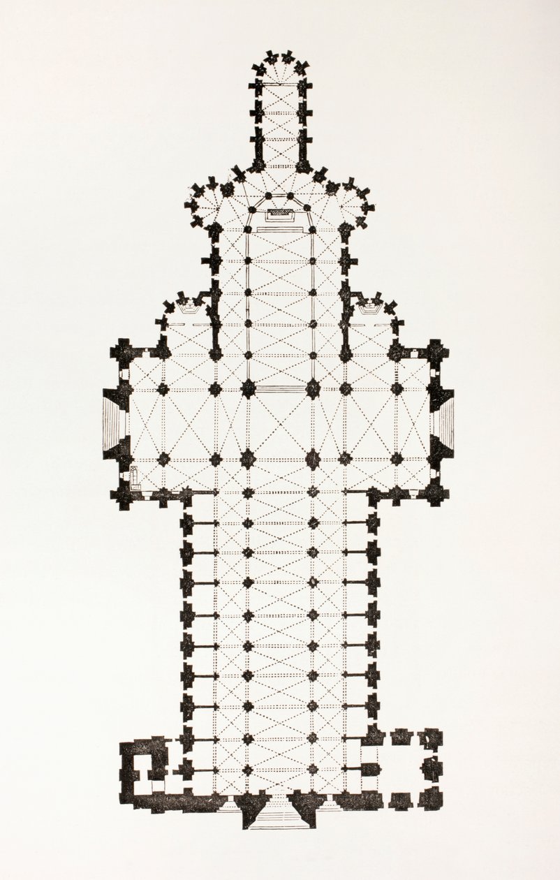 Floor plan of the 13th century ogive style Notre Dame cathedral in Rouen, France, from Les Arts au Moyen Age, published 1873 by French School