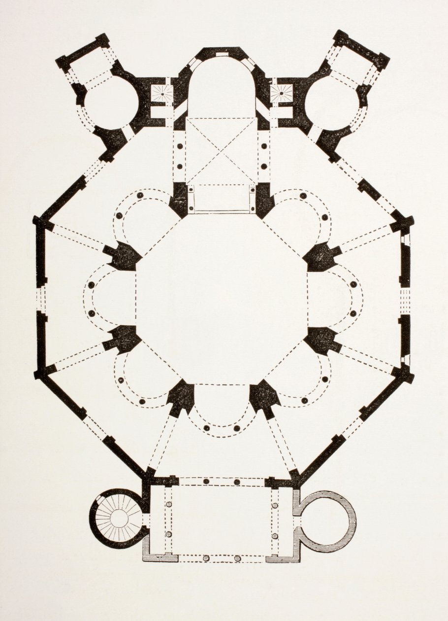 Floor plan of the 6th century Byzantine San Vitale Church in Ravenna, Italy, from Les Arts au Moyen Age, published 1873 by French School