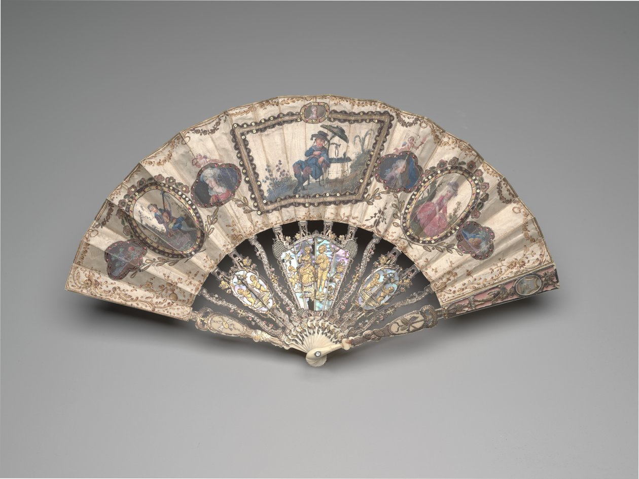 Folding fan with a chinoiserie scene, portraits, pastoral figures, and ...