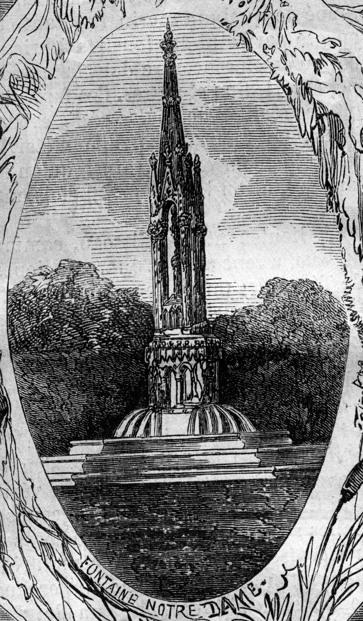 Fountain of Paris: view of the Fountain of the Virgin (Notre Dame Fountain) (circa 1845). Engraving in 