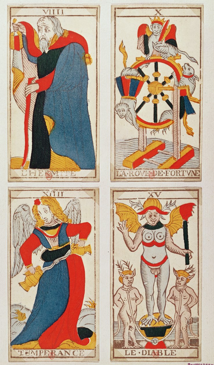 Four tarot cards depicting The Hermit, The Wheel of Fortune, Temperance and The Devil by French School