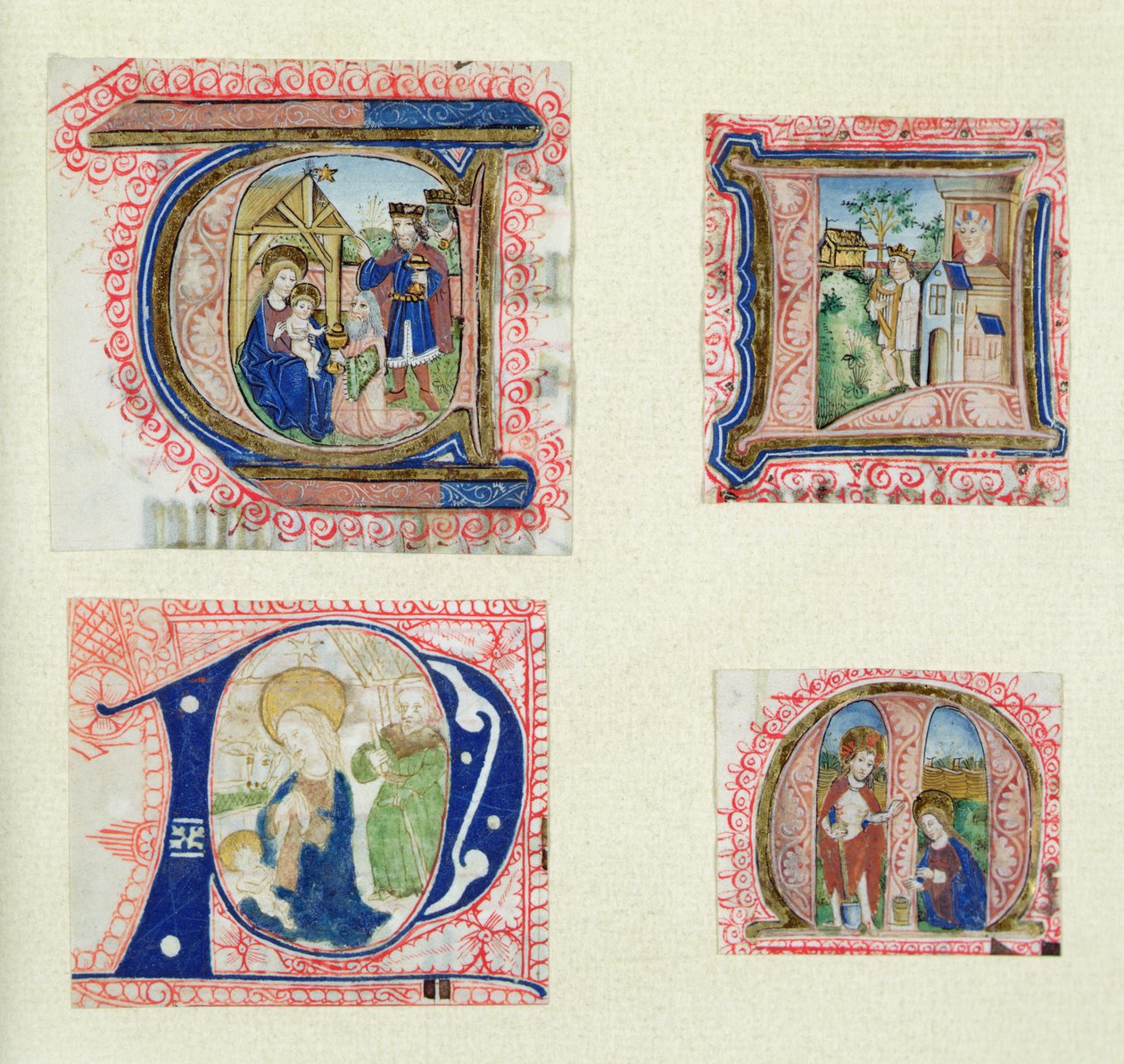 Four historiated initials depicting the Adoration of the Magi, the Crib, David and Bathsheba and Christ in the Garden by French School