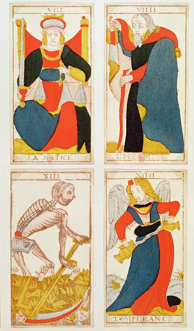 Four tarot cards depicting Justice, Temperance, Death and The Hermit by French School