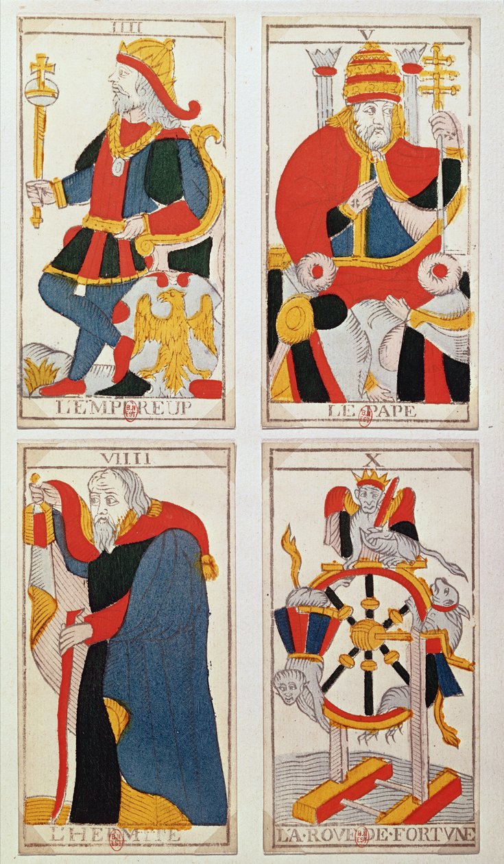 Four tarot cards depicting The Emperor, The Pope, The Hermit and The Wheel of Fortune by French School