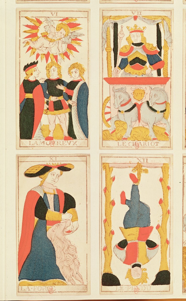 Four tarot cards depicting The Lovers, The Chariot, Strength and The Hanged Man by French School