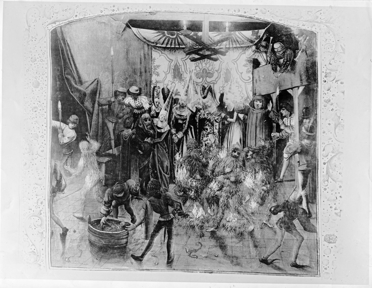 Bal des Ardents, Charles VI being saved by the Duchess of Berry after Louis of Orleans set fire to the dancers costumes, from Froissart
