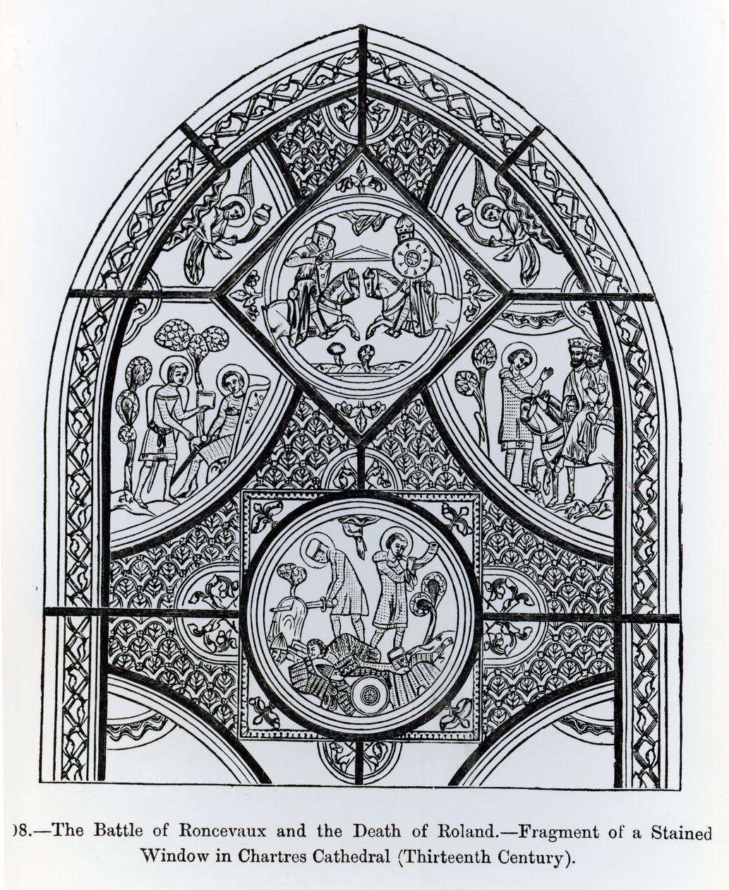 Fragment of a Stained Glass Window in Chartres Cathedral, Depicting the Battle of Ronceveaux and the Death of Roland, Illustration from Science and Literature in the Middle Ages and Renaissance by French School