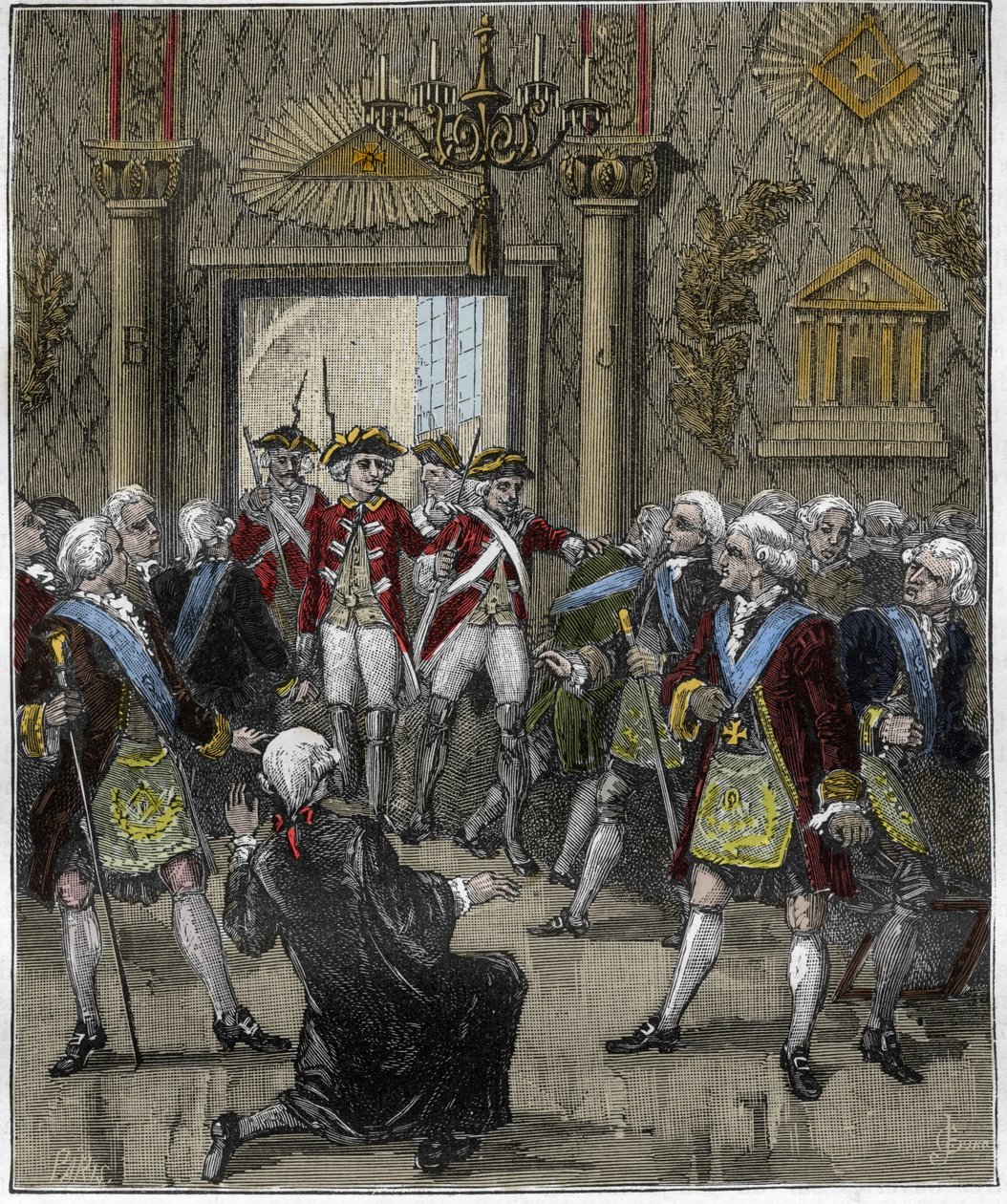 Freemasonry at Hotel de Soisson in Paris in June 1745: Freemason ceremony interrupted by the arrival of a police commissioner. Engraving in 