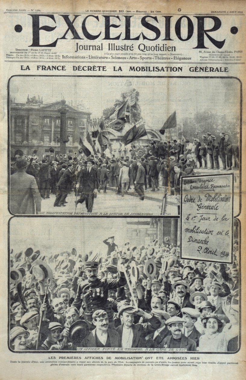 France Declares General Mobilization on 2nd August 1914, cover illustration of Excelsior on Sunday 2nd August 1914 by French School