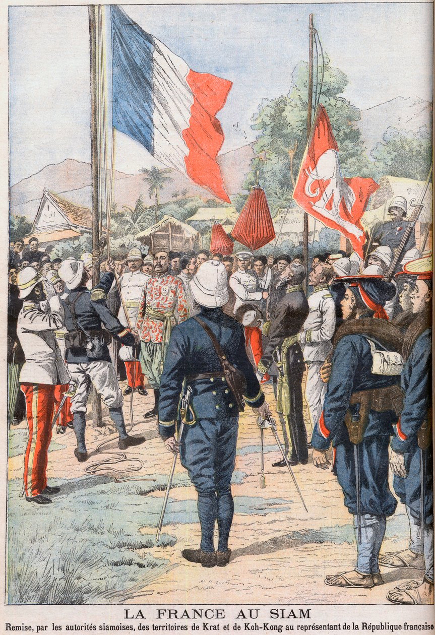 France taking over the territories of Krat and Koh-Kong, Siam after the Treaty of 1904 agreed between the Siamese and the French. Illustration for Le Petit Journal, February 1905 by French School