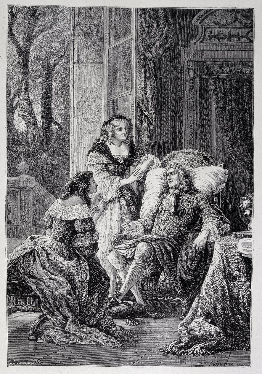 Francois de la Rochefoucauld (1613-1680) talking with Mademoiselle de Sevigne (Marie de Rabutin-Chantal), Marquise de Sevigne (1626-1696) and Marie-Madeleine Pioche de La Vergne, Countess de Lafayette by French School