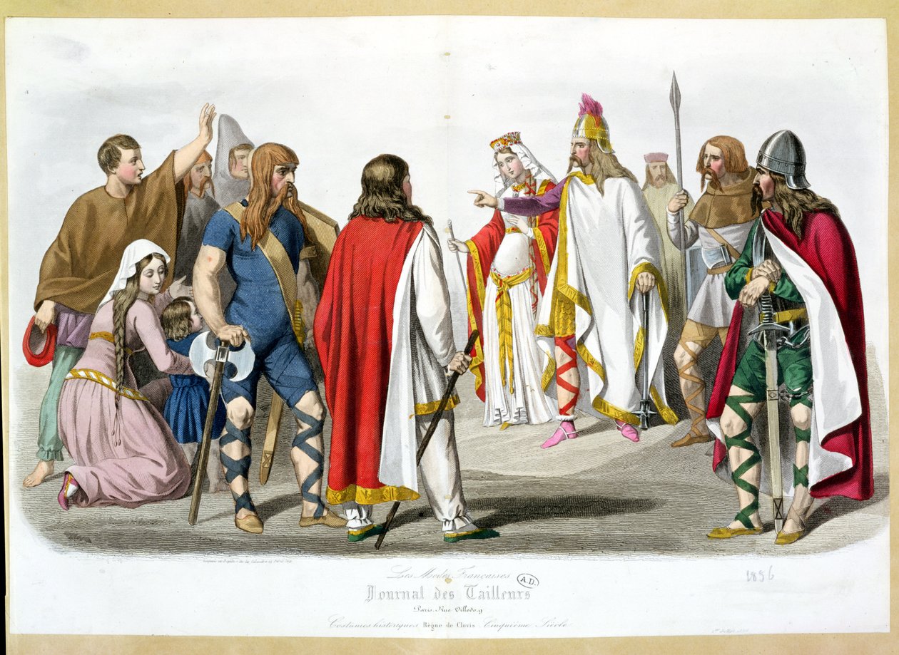 Frankish and Merovingian costumes, historical fashion plate from Les Modes Francaises - Journal des Tailleurs, 1836 by French School