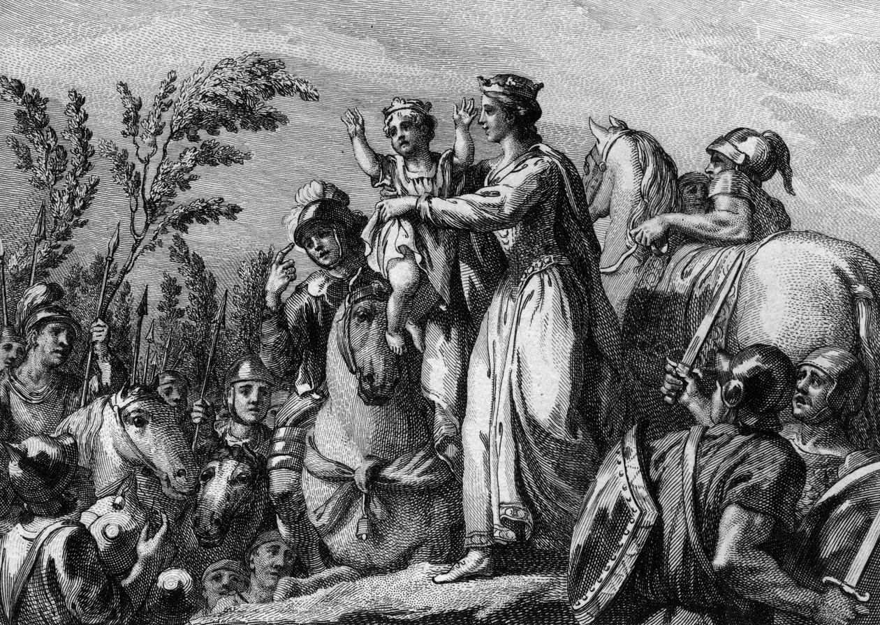 Fredegonde, Queen of Neustria, holding in her arms her son, the future Clothary II; 584. Engraving of the 18th century by French School