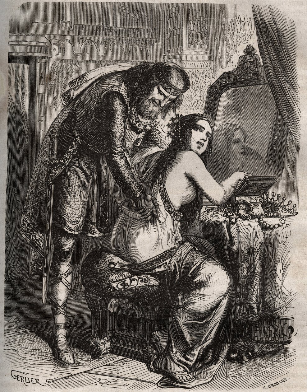 Fredegonde (545-597) Takes Her Husband, King of the Franks Chilperic I (543-597), for Her Lover, Landeric. The King Discovers as His Wife Cheats on Him. Engraving from 1871 in 