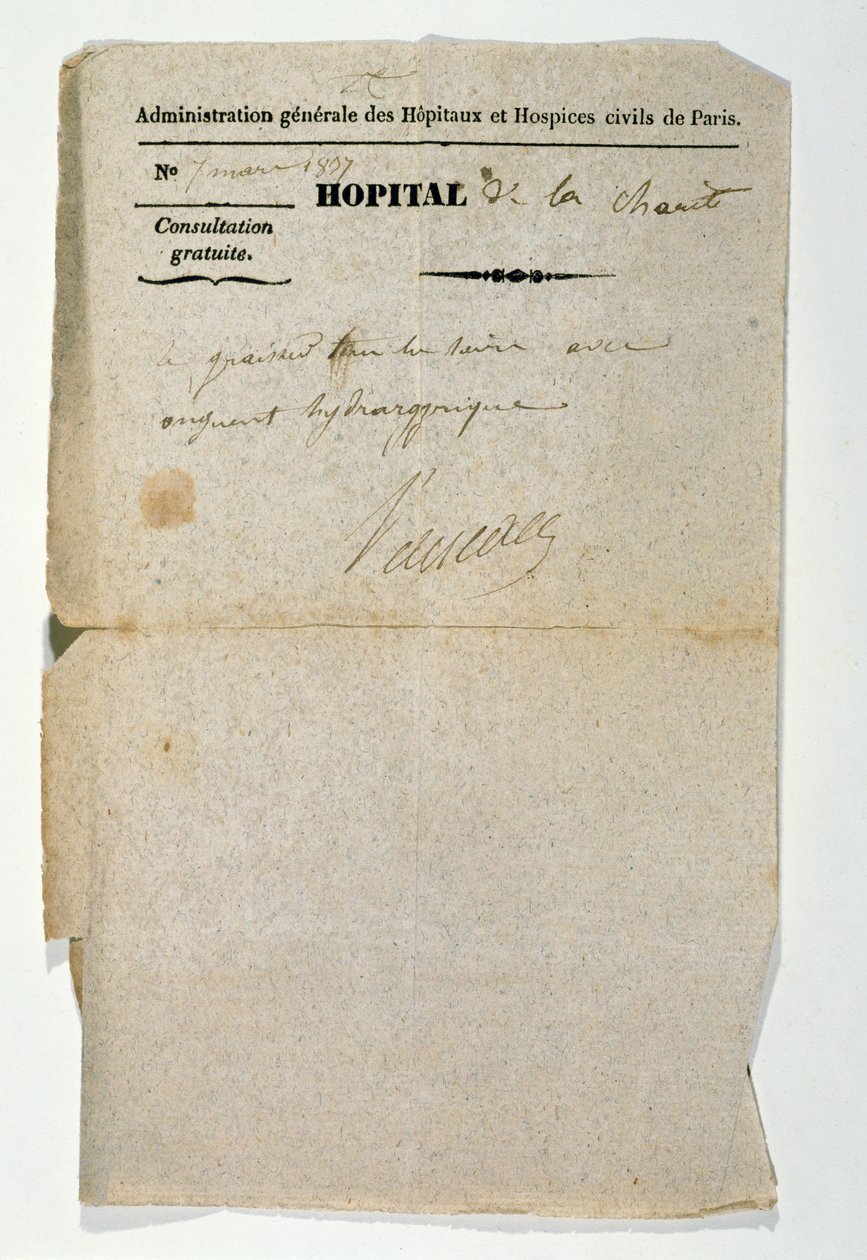 Free prescription from the Hopital de la Charite, Paris, 7th March 1837 by French School