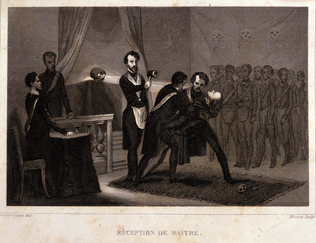 Freemasonry: reception and initiation rite of the Master. Engraving from 