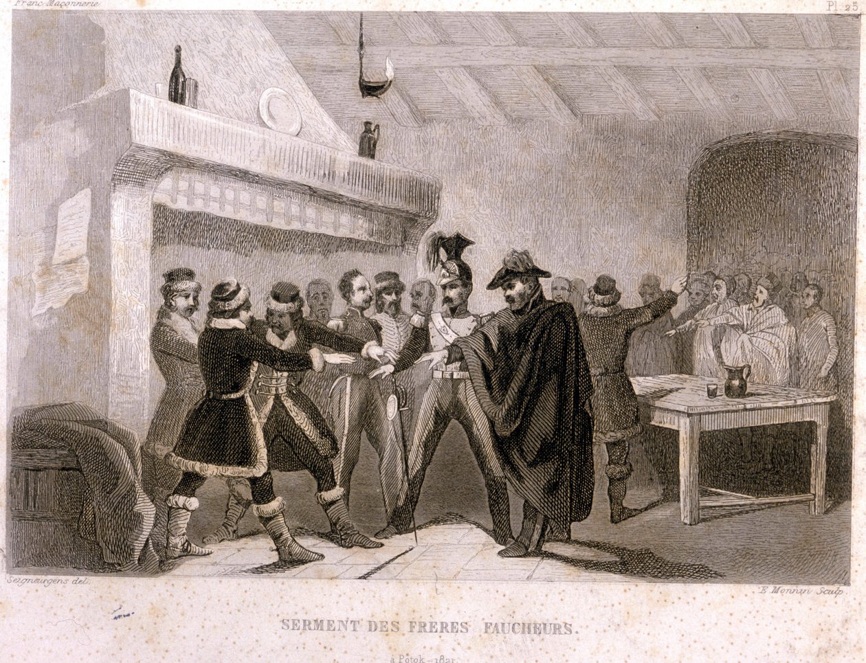 Freemasonry: The Oath of the Brothers Reapers in Potok in 1821. Engraving from 