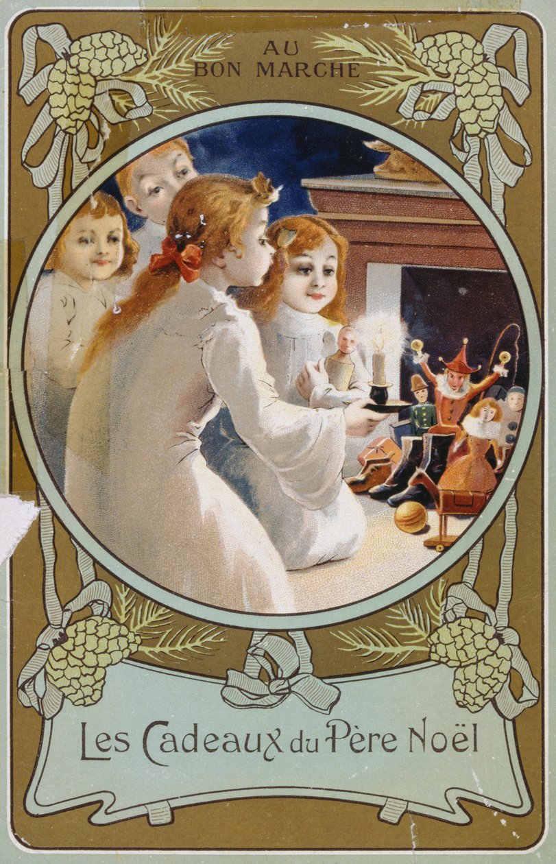 French Christmas card showing girls with a candle on Christmas Eve by French School