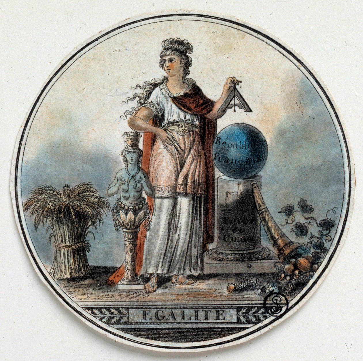 French Revolution: allegory of Equality as a woman holding a square near the French republic, a horn of abundance. Late 18th century Paris, B.N. by French School