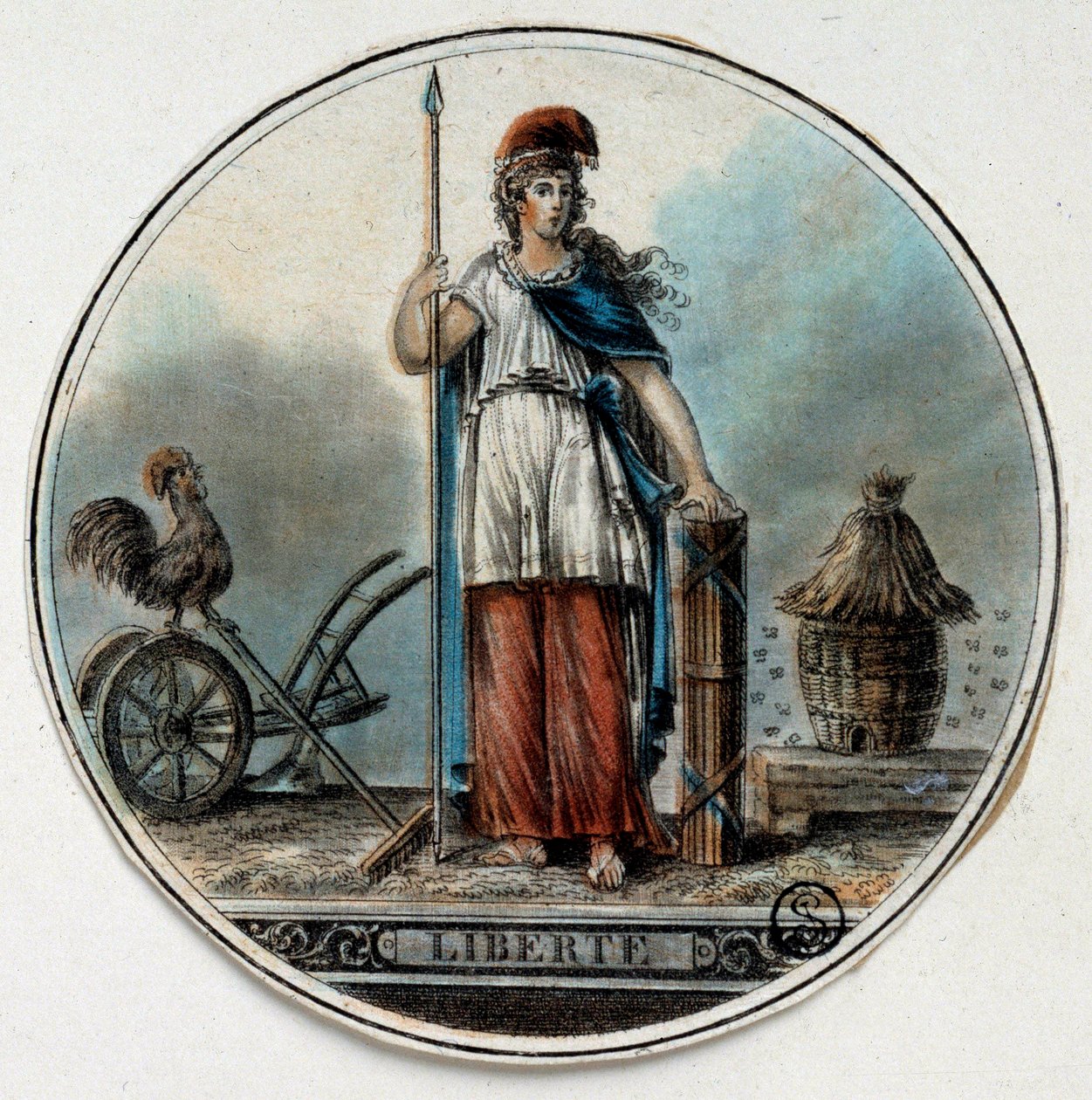 French Revolution: allegory of Liberty as a woman near a beehive and a rooster by French School