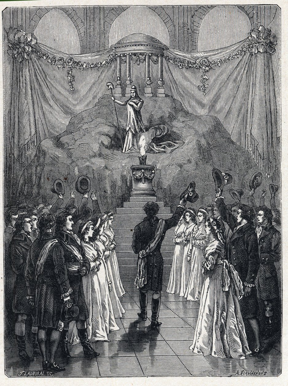 French Revolution: the goddess of reason at the Notre-Dame Cathedral in Paris during a celebration given in the honor of the destruction of fanaticism on November 10 by French School