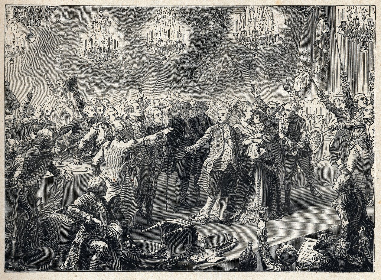 French Revolution: the royalists swear loyalty to the monarchy in the presence of King Louis XVI (1754-1793) of Queen Marie Antoinette (1755-1793) and the dauphin at the banquet of the bodyguards organized on 1 October 1789 in the Orangerie de Versailles by French School