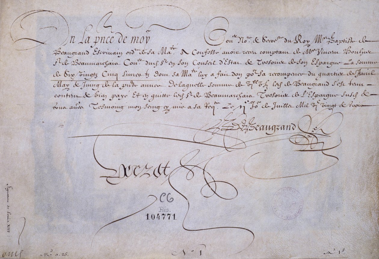 French calligraphy: Recu in favour of Bernard de Beaugrand delivered on 2 July 1623. Historical library of the city of Paris by French School