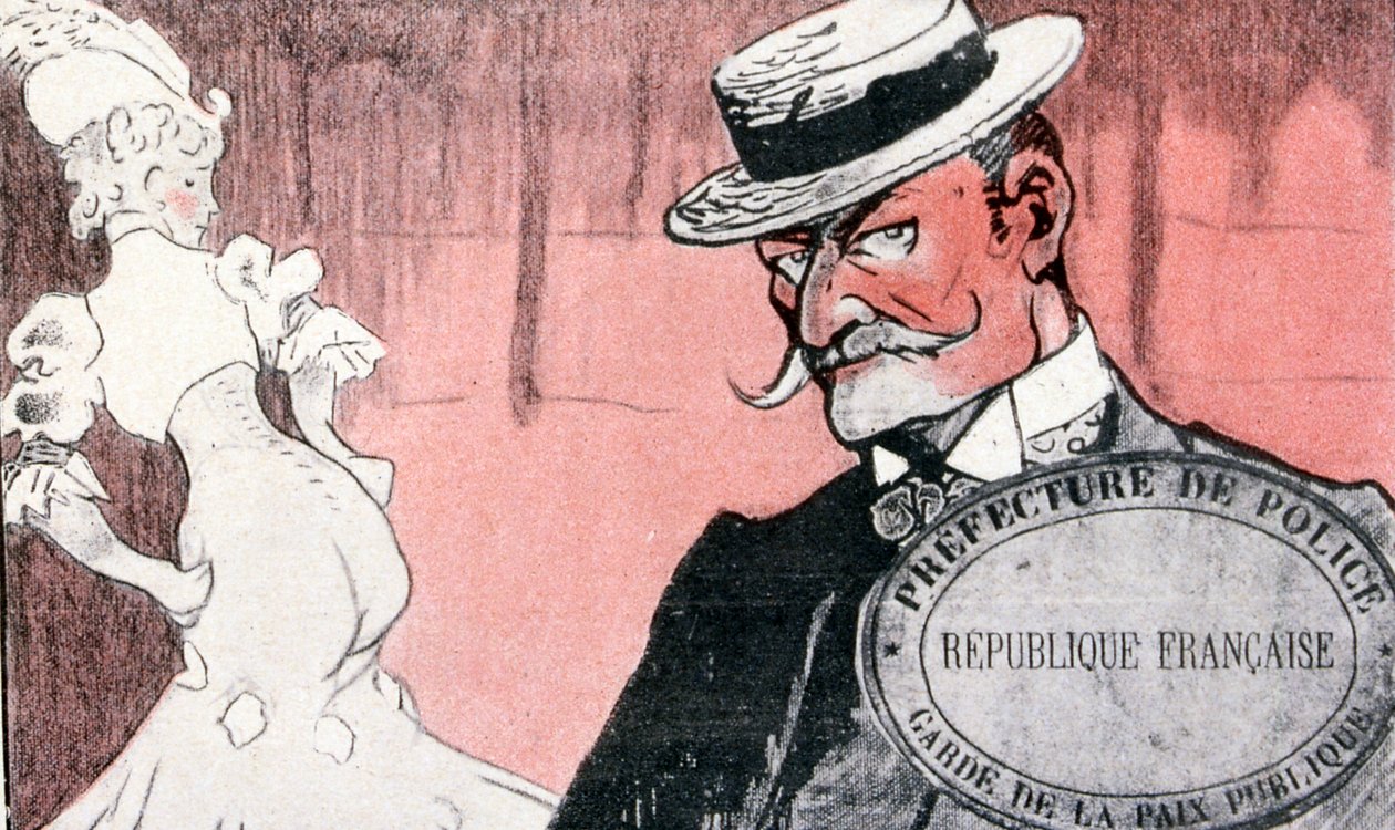 French Police Surveying a Prostitute Before Arresting Her. 19th Century France. French Illustration 1890 by French School