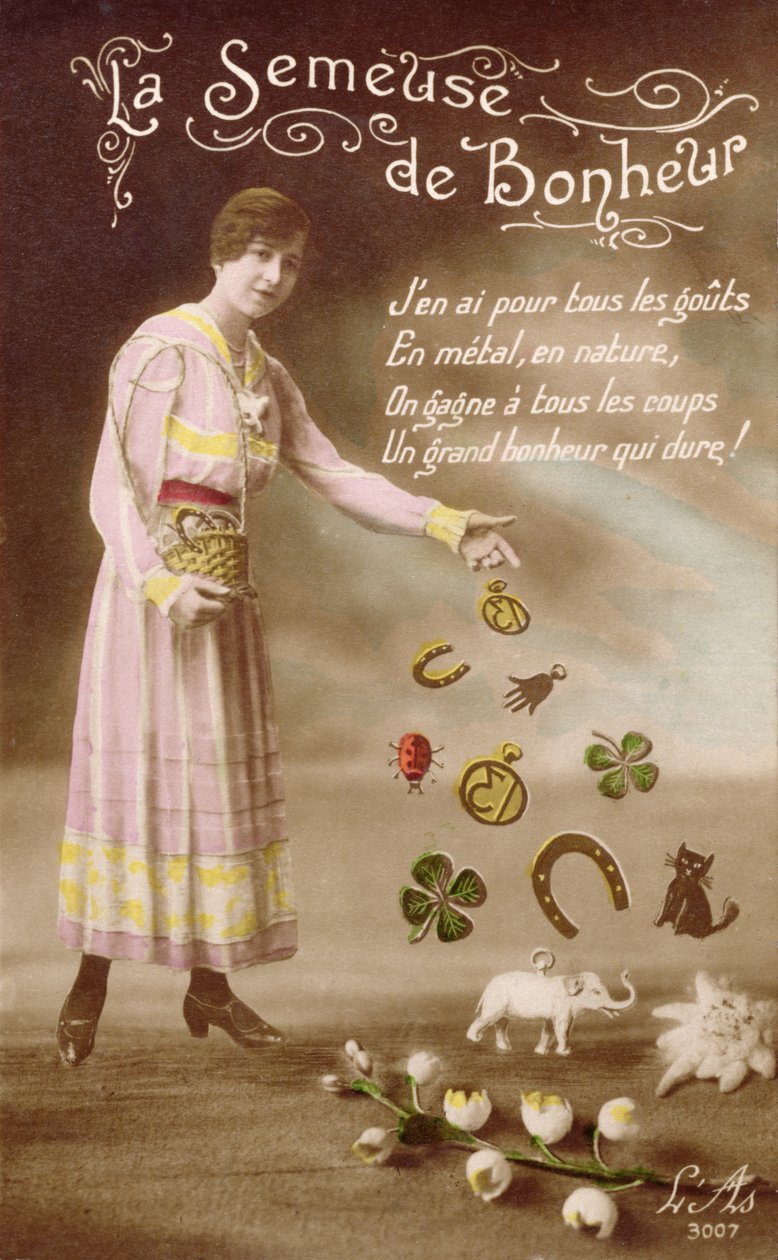 French postcard depicting La Semeuse de Bonheur (The Sower of Good Luck), 29th March 1914 by French School