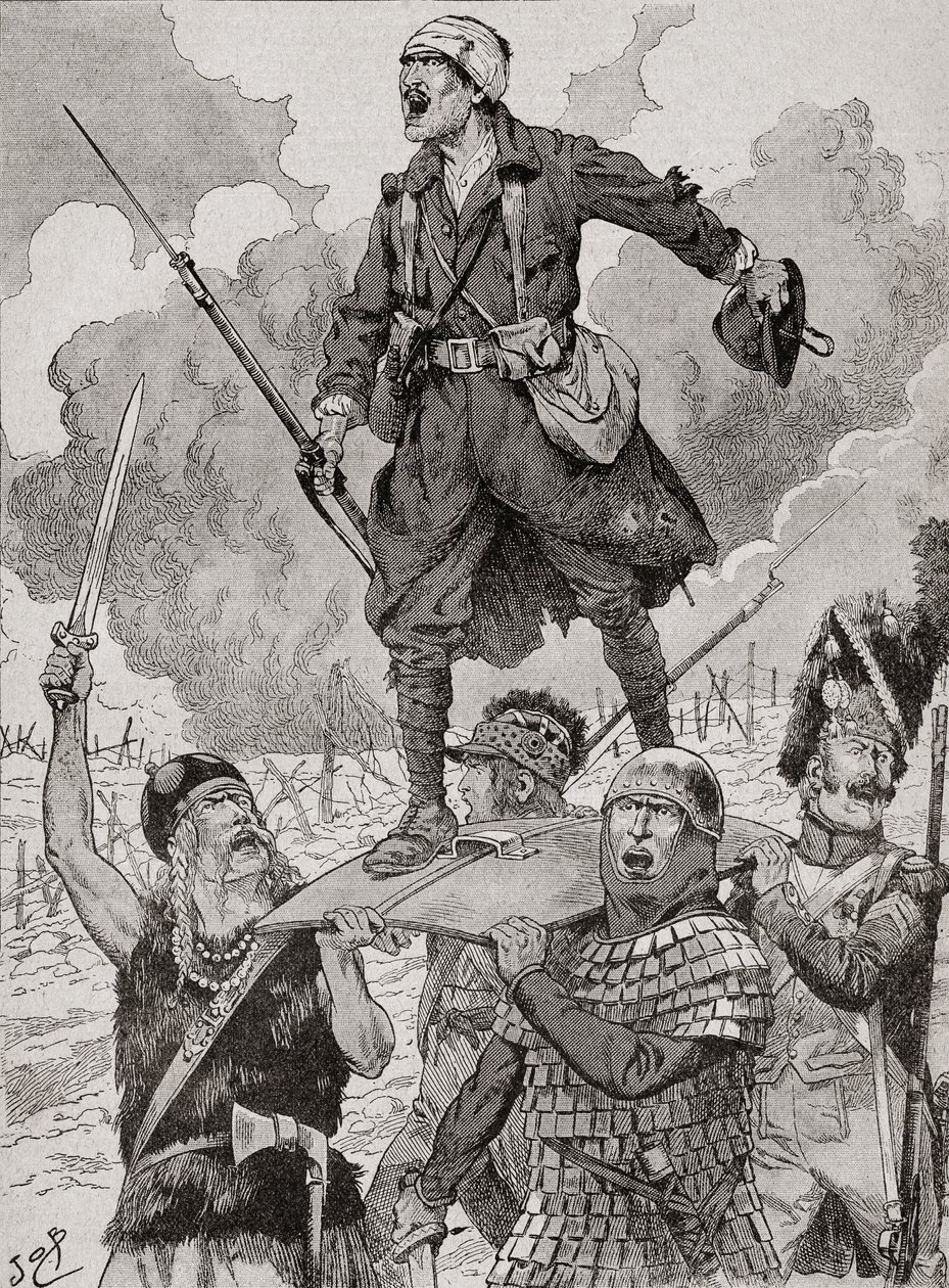 French Propaganda Poster Entitled "On Les Aura", or We Will Have Them. Four Soldiers from Different Historical Periods Carry a Wounded but Defiant World War One Soldier on a Shield. From Agenda Buvard du Bon Marche Published 1917 by French School