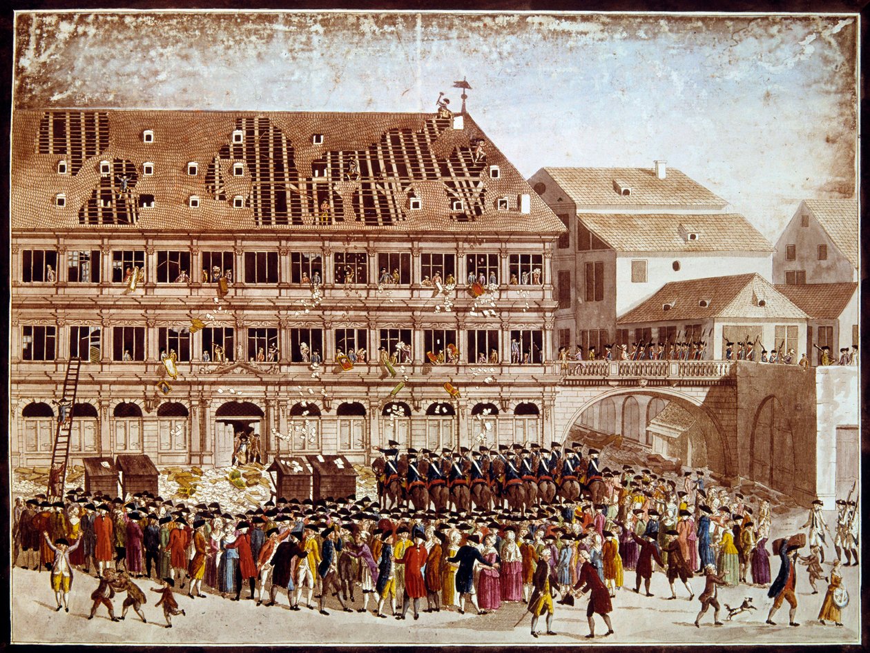 French revolution: looting of Strasbourg City Hall on 20/07/1789. Anonymous print. Paris, B.N. by French School