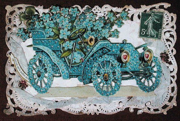 Friendship greeting card depicting a car covered in flowers, early 20th century by French School