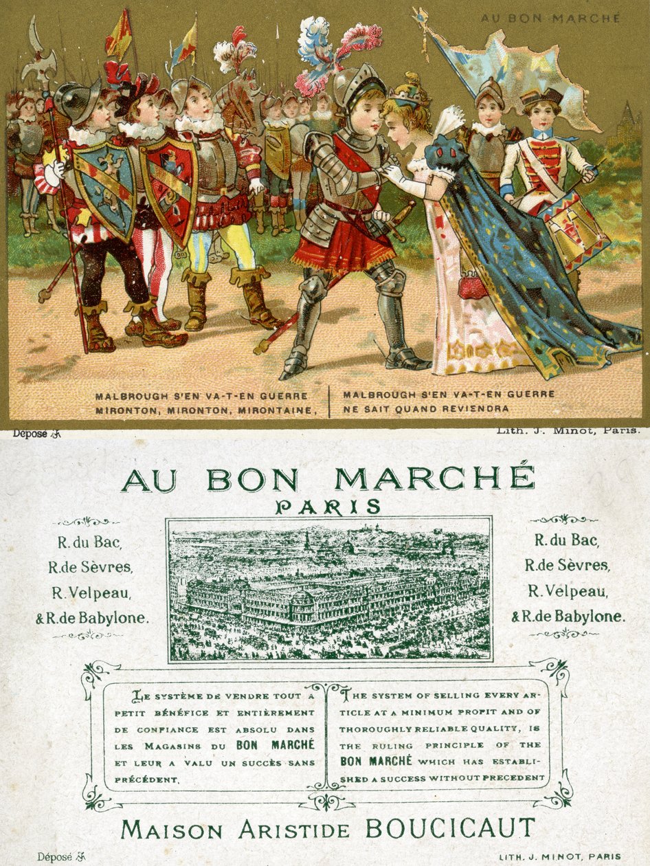 Front and reverse of a promotional card for the Parisian Department Store Au Bon Marché, depicting one of the most popular folk songs in the French language, Marlbrough sen va-t-en guerre by French School